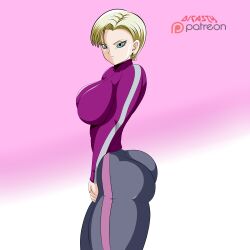 Rule 34 | 1girl, absurdres, android, android 18, ass, blonde hair, blue eyes, breasts, cleavage, dicasty, dragon ball, dragon ball super, dragon ball super super hero, earrings, expressionless, highres, jewelry, large breasts, leggings, looking at viewer, striped