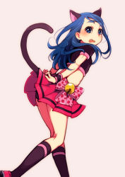Rule 34 | 1girl, animal ears, arms behind back, ass, bell, black panties, black shirt, black socks, blue eyes, blue hair, bow, cat ears, cat tail, commentary, cowboy shot, crop top, floating hair, from side, highres, jingle bell, leaning forward, long hair, looking at viewer, looking back, minazuki karen, open mouth, panther pink (precure), panties, pantyshot, pink bow, pink footwear, pink skirt, polka dot, polka dot bow, precure, shiny skin, shirt, shoes, short sleeves, single stripe, skirt, sneakers, socks, solo, striped clothes, striped socks, surprised, tail, thick eyebrows, ukokkei, underwear, walking, wavy mouth, yes! precure 5
