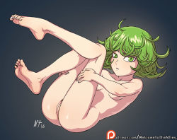 Rule 34 | 1girl, anus, anus peek, bad id, bad tumblr id, barefoot, breasts, cleft of venus, collarbone, completely nude, curly hair, feet, female pubic hair, floating, green eyes, green hair, looking at viewer, lying, matching hair/eyes, noise tanker, nude, on back, one-punch man, patreon, patreon username, pubic hair, pussy, short hair, small breasts, soles, solo, tatsumaki, toes, uncensored, watermark, web address