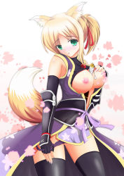 Rule 34 | 10s, 1girl, animal ears, armor, bad id, bad pixiv id, between breasts, black thighhighs, blonde hair, blush, breasts, bridal gauntlets, dog days, fatkewell, fox ears, fox tail, green eyes, long hair, nipples, open clothes, open mouth, panties, penis, petals, purple panties, solo, tail, thighhighs, underwear, undressing, yukikaze panettone