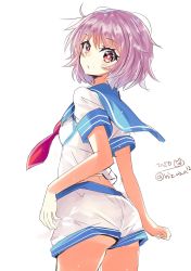 Rule 34 | 1girl, ass, blush, breasts, highres, hizaka, kantai collection, looking at viewer, neckerchief, one-hour drawing challenge, open mouth, purple hair, red eyes, sailor collar, school uniform, serafuku, shirt, short hair, short sleeves, shorts, simple background, small breasts, solo, tama (kancolle), twitter username, white background