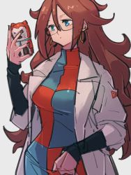 Rule 34 | 1girl, android 21, blue eyes, breasts, brown hair, checkered clothes, checkered dress, dragon ball, dragon ball fighterz, dress, earrings, holding, holding phone, hoop earrings, jewelry, kemachiku, lab coat, long hair, phone, red ribbon army, solo