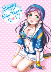 Rule 34 | 10s, 1girl, 2017, :d, bikini, bikini top only, breasts, cardigan, ckst, cleavage, collarbone, fingerless gloves, gloves, green eyes, hair between eyes, happy new year, highres, kneeling, long hair, love live!, love live! school idol festival, love live! school idol project, medium breasts, new year, open cardigan, open clothes, open mouth, parted bangs, partially unzipped, pink background, polka dot, polka dot background, purple hair, ribbon, shiny skin, short shorts, shorts, smile, solo, swimsuit, tojo nozomi, very long hair, whistle, white ribbon, white shorts