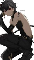 Rule 34 | 1boy, ahoge, backless outfit, bare back, bare shoulders, belt, black footwear, black gloves, black hair, black pants, boots, changyu (punishing: gray raven), chinikuniku, dated, earrings, elbow gloves, from side, gauntlets, gloves, hair between eyes, hair ornament, hair over shoulder, hairclip, hand up, highres, horns, jewelry, long hair, looking at viewer, looking to the side, male focus, on one knee, pants, punishing: gray raven, red eyes, simple background, solo, tail, thigh belt, thigh strap, twitter username, white background