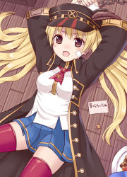 Rule 34 | 1girl, arms up, bandaid, bandaid on face, blonde hair, blush, brown eyes, chain, commentary request, cookie, fingerless gloves, food, gloves, granblue fantasy, hat, long hair, low twintails, lying, monica (granblue fantasy), peaked cap, pleated skirt, red thighhighs, revision, skirt, solo, sweat, thighhighs, translated, tukino neru, twintails, wooden floor, zettai ryouiki