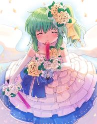 Rule 34 | 1girl, blush, bouquet, bow, closed eyes, commentary request, cookie (touhou), daiyousei, diyusi (cookie), dress, dual wielding, elbow gloves, flower, gloves, green hair, hair between eyes, hair bow, hair flower, hair ornament, holding, holding bouquet, looking at viewer, medium hair, open mouth, ponytail, solo, strapless, strapless dress, touhou, traffic baton, wedding dress, white dress, white flower, white gloves, xox xxxxxx, yellow bow, yellow flower