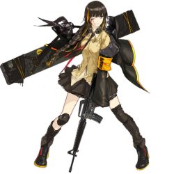 Rule 34 | 1girl, armband, assault rifle, asymmetrical legwear, black eyes, black gloves, black jacket, black skirt, black socks, black thighhighs, blood, blood on face, bloody tears, braid, buttons, carrying, carrying over shoulder, clenched teeth, clothes lift, full body, girls&#039; frontline, gloves, gun, headphones, headphones around neck, holding, holding gun, holding weapon, hood, hooded jacket, jacket, jacket lift, knee pads, kneehighs, left-handed, light frown, long hair, looking away, lowlight kirilenko, m16, m16a1, m16a1 (girls&#039; frontline), mole, mole under eye, multicolored hair, necktie, official art, one eye closed, orange hair, particle cannon case, rifle, scar, scar across eye, single kneehigh, single sock, single thighhigh, skirt, smile, socks, solo, spoilers, standing, strap, streaked hair, teeth, thighhighs, transparent background, trigger discipline, uneven legwear, v-shaped eyebrows, weapon