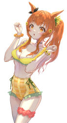 Rule 34 | 1girl, animal ears, bare arms, bare shoulders, bead bracelet, beads, bikini, black choker, bracelet, character request, choker, commentary request, cowboy shot, hands up, hawawa (hawawauma), highres, horse ears, jewelry, long hair, looking at viewer, orange eyes, orange hair, parted lips, plaid, ponytail, sidelocks, simple background, solo, standing, stomach, swimsuit, thighs, umamusume, white background, yellow bikini