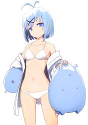 Rule 34 | 1girl, absurdres, antenna hair, bikini, blue eyes, blue hair, breasts, highres, jacket, looking at viewer, namako (namacotan), navel, off shoulder, open clothes, open jacket, original, short hair, small breasts, solo, swimsuit, white background, white bikini