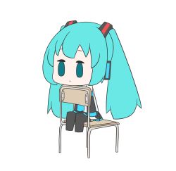 Rule 34 | 1girl, absurdres, aqua eyes, aqua hair, aqua necktie, bare shoulders, black skirt, black sleeves, black thighhighs, chibi, commentary, detached sleeves, expressionless, flat color, grey shirt, hair ornament, hatsune miku, hatsune negame, head rest, headphones, highres, long hair, miniskirt, necktie, pleated skirt, shirt, simple background, sitting, sitting backwards, skirt, sleeveless, sleeveless shirt, solid oval eyes, solo, thighhighs, twintails, very long hair, vocaloid, white background