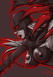 Rule 34 | attack, claws, colored skin, digimon, evil, grey skin, ladydevimon, long hair, nail polish, nails, outline, red eyes, red nails, red outline