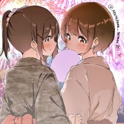 Rule 34 | 2girls, bow, brown eyes, brown hair, cotton candy, earrings, eating, festival, fireworks, japanese clothes, jewelry, kimono, looking at another, multiple girls, obi, original, ponytail, sash, shiralog, short hair, upper body, yukata, yuri