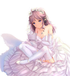 Rule 34 | 1girl, ahoge, arm garter, bare shoulders, breasts, bridal veil, brown hair, choker, cleavage, closed mouth, concentrating, dress, elbow gloves, flower, frills, full body, garter straps, gloves, handheld game console, head wreath, headphones, high heels, highres, holding, indian style, jewelry, long hair, medium breasts, necklace, nintendo 3ds, pendant, playing games, purple eyes, rose, serious, shoe soles, shoes, simple background, sitting, solo, strapless, strapless dress, thighhighs, tirpitz (warship girls r), veil, warship girls r, wedding dress, white background, white choker, white dress, white flower, white footwear, white gloves, white rose, white thighhighs, yuemanhuaikong