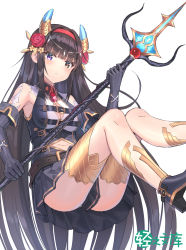 Rule 34 | 1girl, 5ya, belt, black gloves, black skirt, breasts, brown eyes, brown hair, cleavage, cleavage cutout, closed mouth, clothing cutout, copyright request, elbow gloves, floating, flower, gloves, hair flower, hair ornament, hairband, hand up, heterochromia, high heels, highres, holding, holding weapon, horns, large breasts, leglet, long hair, looking at viewer, navel, official art, pleated skirt, polearm, purple eyes, red flower, red rose, rose, simple background, sitting, skirt, solo, trident, two-handed, very long hair, weapon, white background, wing collar
