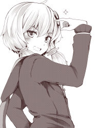 Rule 34 | 1girl, :d, ahoge, arm up, blush, commentary request, greyscale, hair between eyes, hair ornament, head tilt, highres, hood, hood down, hooded jacket, jacket, long hair, long sleeves, looking at viewer, looking to the side, low twintails, monochrome, open mouth, pointing, pointing at self, short hair with long locks, simple background, smile, solo, sparkle, takara akihito, twintails, v-shaped eyebrows, vocaloid, voiceroid, white background, yuzuki yukari