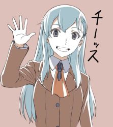 Rule 34 | 1girl, :d, ascot, blue hair, brown background, brown jacket, grey eyes, grin, hair ornament, hairclip, hand up, ishii hisao, jacket, kantai collection, long sleeves, looking at viewer, neckerchief, open mouth, orange ascot, simple background, smile, solo, suzuya (kancolle), upper body, waving