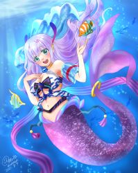 Rule 34 | 1girl, :d, another eden, artist name, blue background, blue eyes, blush, breasts, brooch, dated, day, full body, highres, horns, jewelry, meiko anoden, mermaid, monster girl, navel, oni horns, open mouth, purple hair, see-through, smile, solo, tropical fish, underboob, underwater