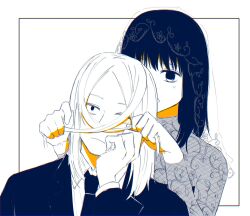 Rule 34 | 1boy, 1girl, black hair, black suit, blonde hair, blush, bridal veil, collared shirt, colored shadow, dress, fishnet sleeves, fishnets, formal, hand on own chin, highres, long hair, necktie, osaragi (sakamoto days), playing with another&#039;s hair, rokuen skd, sakamoto days, see-through, see-through dress, shadow, shirt, shishiba (sakamoto days), suit, veil