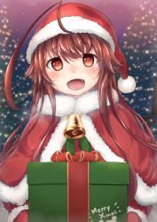 Rule 34 | 10s, 1girl, ahoge, bell, box, capelet, christmas tree, gift, gift box, hat, highres, kantai collection, kuma (kancolle), long hair, looking at viewer, merry christmas, mittens, okyao, santa costume, santa hat, solo