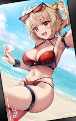 1girl :d armlet bare_shoulders beach bikini black-framed_eyewear blonde_hair blue_sky breasts burnice_white cleavage cloud cocktail_glass collarbone commentary cup day drinking_glass english_commentary eyewear_on_head from_side highres holding holding_cup jewelry large_breasts looking_at_viewer navel open_mouth outdoors outstretched_arm recording red-tinted_eyewear red_bikini red_eyes rimuu sky smile solo spiked_armlet stomach swimsuit teeth thigh_strap tinted_eyewear twintails upper_teeth_only water zenless_zone_zero