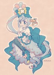 Rule 34 | 1girl, aji fry, apron, back bow, blue bow, blue eyes, blue footwear, blue hair, blue thighhighs, blush, bow, covering own mouth, cure spicy, cure spicy (party up style), delicious party precure, elbow gloves, footwear bow, full body, fuwa kokone, gloves, highres, huge bow, long hair, magical girl, multicolored hair, pam-pam (precure), pink hair, precure, puffy short sleeves, puffy sleeves, short sleeves, side ponytail, solo, streaked hair, thighhighs, very long hair, white gloves