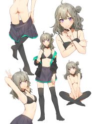 Rule 34 | 1girl, absurdres, ahoge, armpits, ass, black skirt, black thighhighs, bra, breasts, commission, girls&#039; frontline, green hair, hair bun, highres, honey badger (girls&#039; frontline), long hair, medium breasts, multiple views, pleated skirt, purple eyes, second-party source, simple background, single hair bun, single side bun, sitting, skirt, standing, thighhighs, tutimaru0730, underwear, undressing, white background