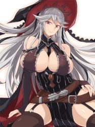 Rule 34 | 10s, 1girl, arm support, bad id, bad pixiv id, bare shoulders, belt, between breasts, breasts, detached sleeves, dress, garter straps, granblue fantasy, hat, huge breasts, jpeg artifacts, long hair, looking at viewer, magisa (granblue fantasy), pelvic curtain, pinstripe pattern, red eyes, silver hair, simple background, sitting, smile, solo, striped, takemura makoto (hakushikei), thighhighs, witch hat