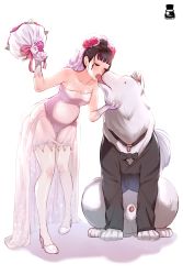 Rule 34 | 1boy, 1girl, bare shoulders, bestiality, blush, bouquet, breasts, bridal veil, bride, closed eyes, collarbone, dress, eyeshadow, facing viewer, flower, french kiss, full body, gloves, hand up, hetero, high heels, highres, jewelry, kiss, legs apart, makeup, medium breasts, mr.takealook, open mouth, penis, pregnant, pumps, red hair, ring, rose, saliva, sexually suggestive, shiny clothes, shiny skin, shoes, short hair, simple background, standing, strapless, strapless dress, tongue, tongue out, veil, wedding, wedding band, wedding dress, white background, white dress, white footwear, white legwear, wolf