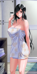 Rule 34 | 1990s (style), 1girl, absurdres, basket, black eyes, black hair, blush, breasts, cleavage, collarbone, cowboy shot, final fantasy, final fantasy vii, floral print, highres, large breasts, laundry basket, long hair, looking at viewer, naked towel, parted lips, retro artstyle, shade, solo, switch01, tifa lockhart, towel, very long hair
