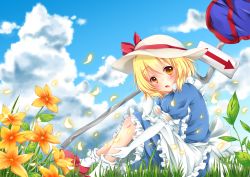 Rule 34 | 1girl, apron, blonde hair, blue dress, blue sky, cloud, day, dress, elbow gloves, flower, gloves, grass, hat, hat ribbon, highres, kana anaberal, looking at viewer, open mouth, outdoors, puffy sleeves, ribbon, road sign, short sleeves, sign, sisterakuma, sitting, sky, solo, touhou, touhou (pc-98), white background, yellow eyes