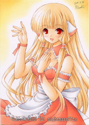 Rule 34 | 00s, 10s, 1girl, 2010, apron, blonde hair, brown eyes, chii, chobits, cleavage cutout, clothing cutout, dated, dress, hand on own chest, long hair, marker (medium), millipen (medium), nightmare77zx, pastel (medium), red eyes, robot ears, sleeveless, solo, traditional media, waving
