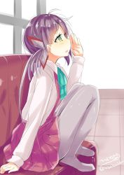 Rule 34 | 1girl, bow, bowtie, couch, dress, fujinami (kancolle), full body, green eyes, grey pantyhose, hair ribbon, highres, hizaka, kantai collection, long hair, long sleeves, no shoes, one-hour drawing challenge, open mouth, pantyhose, purple hair, ribbon, school uniform, shirt, side ponytail, sitting, sleeveless, sleeveless dress, solo, white ribbon, white shirt, window