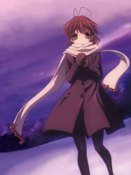 Rule 34 | 00s, 1girl, absurdres, antenna hair, brown eyes, brown hair, clannad, coat, furukawa nagisa, highres, mittens, non-web source, official art, pantyhose, scarf, snow, solo, thighhighs, winter, winter clothes, winter coat