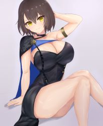 Rule 34 | 1girl, ana (vvvvor), azur lane, baltimore (azur lane), baltimore (evening breeze minuet) (azur lane), black cape, black dress, blue cape, breasts, brown hair, cape, cleavage, dress, evening gown, hair between eyes, highres, large breasts, side slit, simple background, single bare shoulder, sitting, sleeveless, sleeveless dress, solo, two-tone cape, yellow eyes