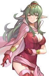 Rule 34 | 1girl, absurdres, aged up, breasts, cape, cleavage, closed mouth, commentary request, dress, fire emblem, fire emblem awakening, gloves, green eyes, green hair, hair ornament, hair ribbon, highres, long hair, looking at viewer, medium breasts, nintendo, pink cape, pink thighhighs, pointy ears, ponytail, red dress, red gloves, ribbon, short dress, side slit, smile, solo, thighhighs, tiara, tiki (adult) (fire emblem), tiki (fire emblem), white background, zuzu (ywpd8853)