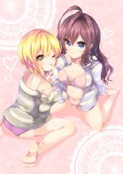 Rule 34 | 10s, 2girls, ;p, absurdres, ahoge, ass, bad id, bad pixiv id, bare shoulders, barefoot, blonde hair, blue eyes, blush, bottomless, bra, braid, breasts, cleavage, closed mouth, earrings, finger to face, green nails, heart, highres, hood, hoodie, huge ahoge, ichinose shiki, idolmaster, idolmaster cinderella girls, jewelry, kaenuco, lace, large breasts, long hair, looking at viewer, miyamoto frederica, multiple girls, nail polish, no pants, off shoulder, one eye closed, open clothes, open hoodie, panties, pink background, pink bra, pink panties, purple panties, shirt, short hair, sitting, smile, striped clothes, striped hoodie, striped shirt, tongue, tongue out, underwear
