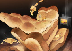 Rule 34 | 1girl, artist name, blonde hair, braid, bread, bread slice, butter, closed eyes, commentary request, demizu posuka, food, food focus, head only, highres, looking at another, lying, on back, original, oven, scenery, sleeping, tagme, toast, twin braids