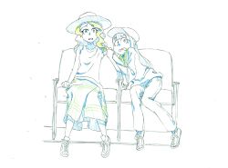 Rule 34 | 2girls, blonde hair, chair, dated, diana cavendish, dress, hat, highres, kagari atsuko, little witch academia, looking at viewer, monochrome, multiple girls, official art, pants, scared, shirt, sitting, usamimeri, yuri