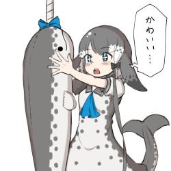 Rule 34 | + +, 1girl, black bow, blowhole, blue bow, blue neckerchief, bow, cetacean tail, commentary request, dress, fins, fish tail, grey dress, grey hair, hair bow, kemono friends, multicolored hair, narwhal (kemono friends), neckerchief, numero 509, puffy short sleeves, puffy sleeves, sailor collar, sailor dress, short hair, short hair with long locks, short sleeves, solo, stuffed animal, stuffed toy, tail, translated, two-tone dress, white hair