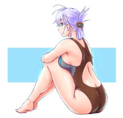 Rule 34 | 1girl, ass, bare shoulders, barefoot, black one-piece swimsuit, breasts, commentary request, competition swimsuit, folded ponytail, from behind, full body, green eyes, hokkyoku, hugging own legs, light purple hair, long hair, medium breasts, one-piece swimsuit, original, sitting, solo, swimsuit, two-tone background, white background