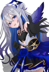 Rule 34 | 1girl, amane kanata, awaomi, bare shoulders, blue eyes, gloves, grey hair, highres, hololive, long hair, looking at viewer, open mouth, simple background, smile, solo, virtual youtuber