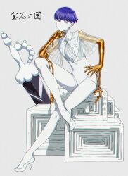 Rule 34 | 1other, ascot, blue eyes, blue hair, bowl cut, copyright name, cube, full body, golden arms, hand on own hip, hand up, head rest, heterochromia, high heels, highres, houseki no kuni, kamezaemon, knee up, looking at viewer, moon uniform (houseki no kuni), other focus, phosphophyllite, phosphophyllite (ll), planted, planted sword, planted weapon, see-through, see-through sleeves, short hair, short sleeves, sitting, solo, sparkle, spoilers, sword, weapon, white ascot, white eyes, white footwear, wide sleeves