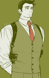 Rule 34 | 1boy, ace attorney, arms behind back, buttons, closed mouth, collared shirt, dick gumshoe, facial hair, goatee, green background, gwiga0, highres, holster, looking ahead, male focus, mature male, monochrome, necktie, pants, red necktie, shirt, short hair, sideburns, sideburns stubble, simple background, solo, spot color, stubble, vest