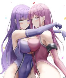 Rule 34 | 2girls, aqua eyes, bare shoulders, blush, breast press, breasts, closed mouth, covered navel, elbow gloves, gloves, heterochromia, highleg, highleg leotard, highres, keenh, large breasts, leotard, long hair, looking at viewer, multiple girls, original, pink eyes, pink hair, purple eyes, purple gloves, purple hair, purple leotard, smile, symmetrical docking, white background