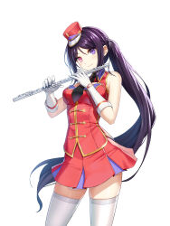 Rule 34 | 1girl, alternate hair color, bai winchester, band uniform, bare shoulders, black necktie, breasts, buttons, cleavage cutout, closed mouth, closers, clothing cutout, collared jacket, cowboy shot, double-breasted, flute, fold-over gloves, gloves, hands up, hat, head tilt, heterochromia, highres, holding, holding flute, holding instrument, instrument, jacket, legs apart, long hair, looking at viewer, marching band, medium breasts, mini shako cap, miniskirt, necktie, official art, parted bangs, pink eyes, pleated skirt, ponytail, purple eyes, purple hair, red hat, red jacket, red skirt, shako cap, sidelocks, skirt, sleeveless, sleeveless jacket, smile, solo, standing, thighhighs, transverse flute, uniform, very long hair, white background, white gloves, white thighhighs, wing collar, zettai ryouiki