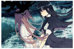 Rule 34 | 2girls, akemi homura, akemi homura (black dress), bad id, bad twitter id, bird, black capelet, black dress, black eyes, black hair, black hairband, border, capelet, center frills, closed mouth, clothes lift, colored inner hair, commentary request, covered face, crow, darkness, dress, dutch angle, facing away, flat chest, floating hair, frilled capelet, frilled dress, frills, from side, frown, funeral dress, hair over one eye, hairband, high collar, homulilly, kaname madoka, layered dress, light particles, long hair, looking at viewer, looking to the side, mahou shoujo madoka magica, mahou shoujo madoka magica: hangyaku no monogatari, multicolored hair, multiple girls, neck ribbon, no nose, ocean, pc (z yu), pink hair, profile, ribbon, shaded face, short sleeves, straight hair, tareme, ultimate madoka, upper body, very long hair, water, waves, white border, white dress, wide sleeves