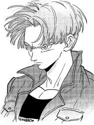 Rule 34 | 1boy, black shirt, close-up, denim, denim jacket, dragon ball, dragonball z, expressionless, floating hair, frown, greyscale, highres, jacket, looking away, male focus, monochrome, polka dot, serious, shirt, short hair, simple background, solo, tama azusa hatsu, trunks (dragon ball), trunks (future) (dragon ball), twitter username, upper body, white background