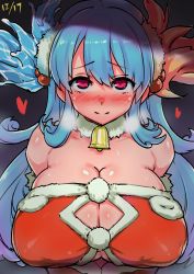 Rule 34 | 1girl, absurdres, bare shoulders, bell, blue hair, blush, breasts, character request, cleavage, closed mouth, dated, hair between eyes, hair bobbles, hair ornament, heart, highres, huge breasts, looking at viewer, neck bell, pink eyes, puzzle &amp; dragons, smile, solo, try (lsc), upper body, upturned eyes