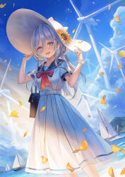 1girl :d absurdres arms_up bag black_sailor_collar blue_eyes blue_skirt blue_sky blush boat bow breasts day feet_out_of_frame flower grey_hair hair_between_eyes hair_ornament hairclip hat hat_flower highres kaga_sumire long_hair long_skirt looking_at_viewer medium_breasts ocean open_mouth outdoors petals red_bow sailboat sailor_collar school_uniform scrunchie serafuku shirt short_sleeves shoulder_bag skirt sky smile solo standing sun_hat sunflower sunlight virtual_youtuber vspo! watercraft white_hat white_shirt wind_turbine windmill wrist_scrunchie yahiro_(heartseek000)