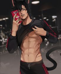Rule 34 | 1boy, abs, animal ears, artist name, black hair, blurry, blurry background, cat, cat tail, cellphone, clothes lift, feet out of frame, gym, gym shirt, gym shorts, gym uniform, highres, jewelry, long sleeves, looking at viewer, male focus, muscular, muscular male, nipple piercing, nipples, original, pectorals, phone, piercing, ring, selfie, shirt, shirt lift, short hair, shorts, signature, slit pupils, smirk, solo, taiga chama, tail, tiger stripes, virtual youtuber